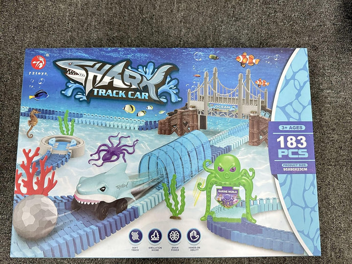 Track Toys 183 Pcs Shark Race Car Toys for Boys Girls 3 4 5 6 7 9 Year, Bendable Flexible Racetrack Cars with Shark & Ball, Ocean Theme Train Toys, STEM Educational Playset Birthday Gift