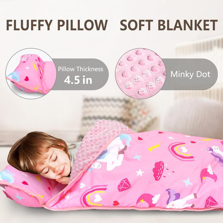 Toddler Nap Mat with Removable Pillow and Fleece Blanket, Extra Large 55''X35'' Sleeping Bag, Washable, Light, Easy to Roll Up, Perfect for Daycare, Preschool, Kindergarten, Travel