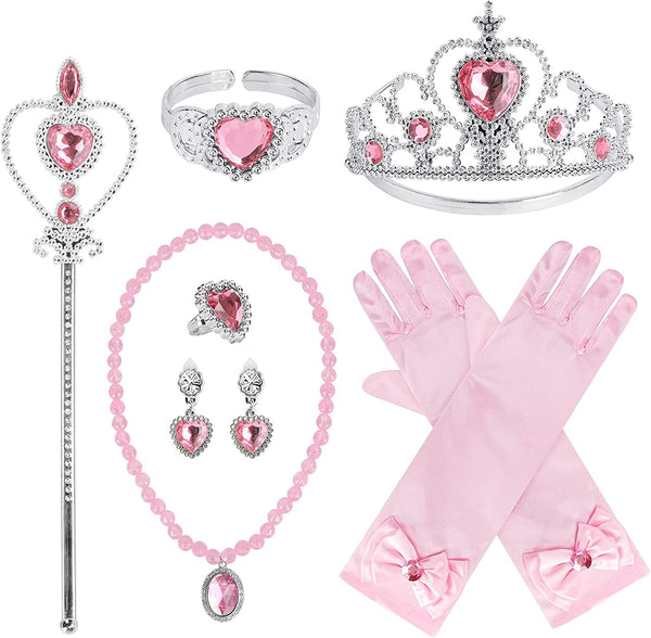 Princess Dress up Party Accessories for Princess Costume Gloves Tiara Wand Necklace Earrings Bracelet and Ring Gift Set 9Pcs (Pink, Set of 7, 9Pcs)