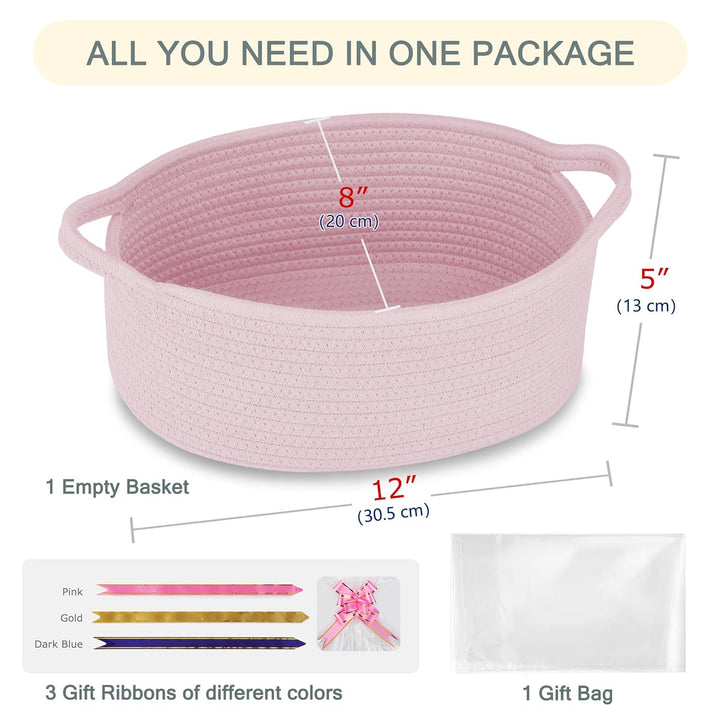Small Woven Basket with Gift Bags and Ribbons, Gift Basket Empty, Cotton Rope Storage Organizer, Baby Toy Box with Handles, 12" X 8" X 5", Light Pink