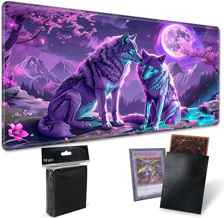 TCG Playmat Board Game Mat plus 50 Pcs Card Sleeves, 24 X 14 Table Mats Game Mousepad with Soft Surface Non-Slip Base for MTG RPG CCG Trading Card Game Playmats, Green Frog