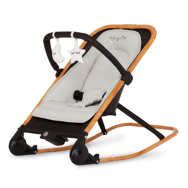 Rock with Me 2-In-1 Rocker and Stationary Seat | Compact Portable Infant Rocker with Removable Toys Bar & Hanging Toys in Black & Grey