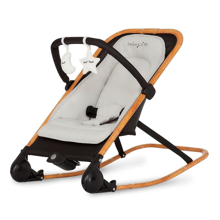 Rock with Me 2-In-1 Rocker and Stationary Seat | Compact Portable Infant Rocker with Removable Toys Bar & Hanging Toys in Black & Grey