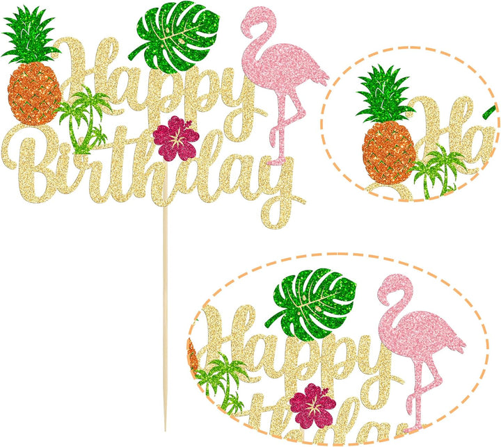 1Pc Tropical Luau Happy Birthday Cake Topper Glitter Palm Tree Flamingo Pineapple Aloha Cake Pick Decorations for Hawaiian Luau Theme Birthday Party Supplies
