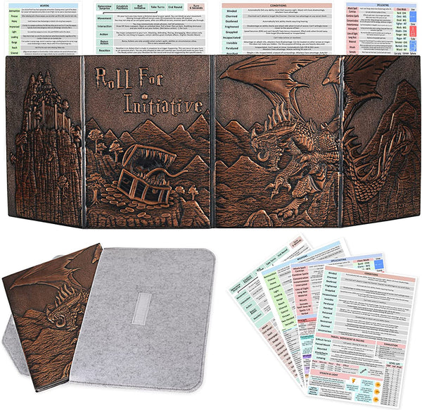 DND Dungeon Master Screen Faux Leather Embossed Dragon & Mimic, Four-Panel with Pockets DM Screen for Dungeons and Dragon, Pathfinder, D&D