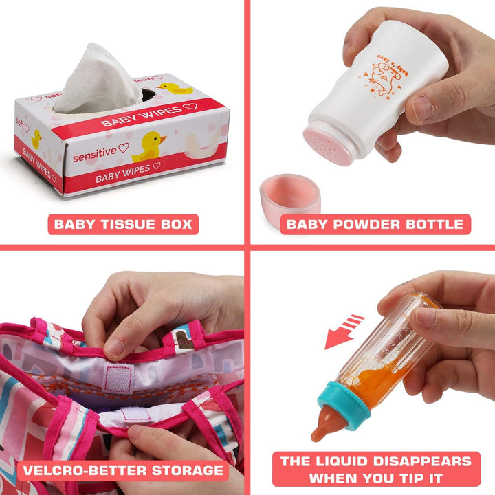 14 Pack Baby Doll Accessories, Baby Doll Feeding and Caring Set Includes Diaper Bag, Doll Diapers, Magic Bottle, Changing Mat for Girl Toddler Kid, Babies Pretend Play Set for Birthday Gift Christmas