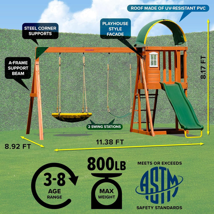 Amelia Heavy Duty Wooden A-Frame Swing Set: Saucer + Adjustable Swing, 6Ft Blow Molded Slide, Play Fort/Rock Climb Wall + Sandbox, EXCEEDS ASTM Safety Standards*Bonus Anchor Kit*