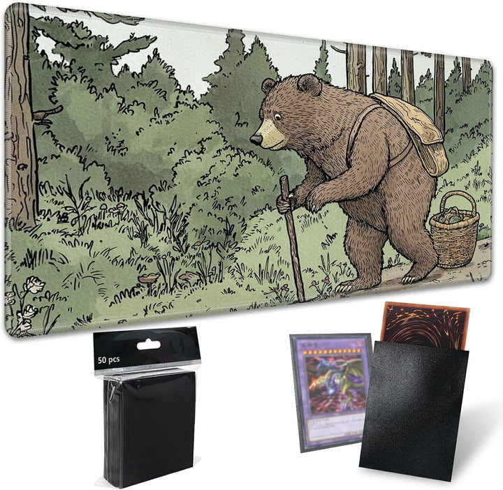 TCG Playmat Board Game Mat plus 50 Pcs Card Sleeves, 24 X 14 Table Mats Game Mousepad with Soft Surface Non-Slip Base for MTG RPG CCG Trading Card Game Playmats, Green Frog