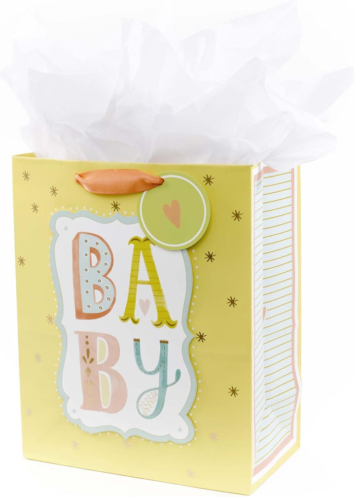 9" Medium Baby Gift Bag with Tissue Paper - Baby Banner in Grey, Pink and Blue for Baby Showers, New Parents, and More