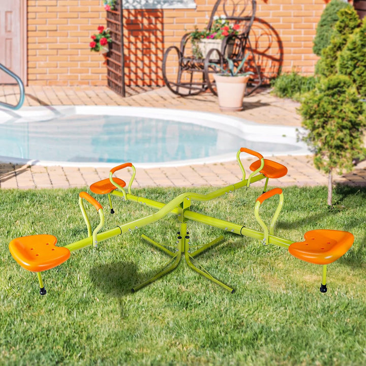 Teeter Totter Kids Seesaw, Outdoor Playground Equipment 360 Degrees Rotate All Steel Extendable Tubes for Toddlers Children Backyard, Green and Orange, 4 Seat