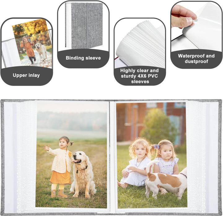 Photo Album 4X6 100 Pockets, Linen Cover Top Loader Vertical, Slip-In Picture Grey Pockets Albums for Wedding, Family, Anniversary, Baby, Vacation