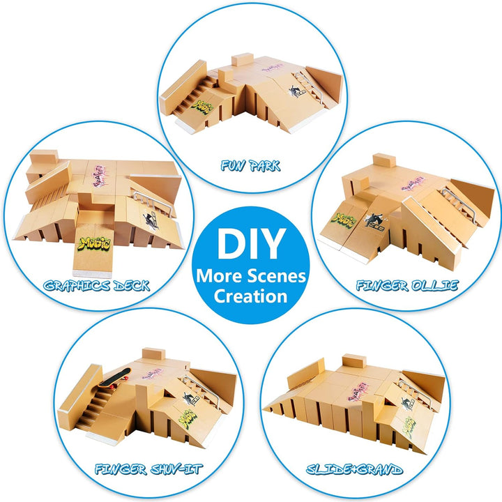 Fingerboard Skate Park Kit,Skateboard Finger Toys with 3 Finger Skateboards & 8 Skatepark Deck Ramp for Boys or Girls Gift, Mini Finger Board Skate Training for Kids Ages 5 and Up