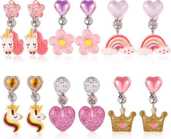 6 Pairs Clip on Drop Earrings, Colorful Non-Pierced Clip on Earrings Resin Rainbow Crown Flower Heart Clip on Earrings Ear Clips for Girls Kids Toddler Dress up Princess Jewelry Accessories