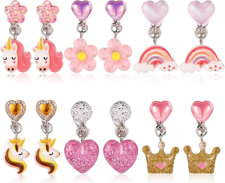 6 Pairs Clip on Drop Earrings, Colorful Non-Pierced Clip on Earrings Resin Rainbow Crown Flower Heart Clip on Earrings Ear Clips for Girls Kids Toddler Dress up Princess Jewelry Accessories