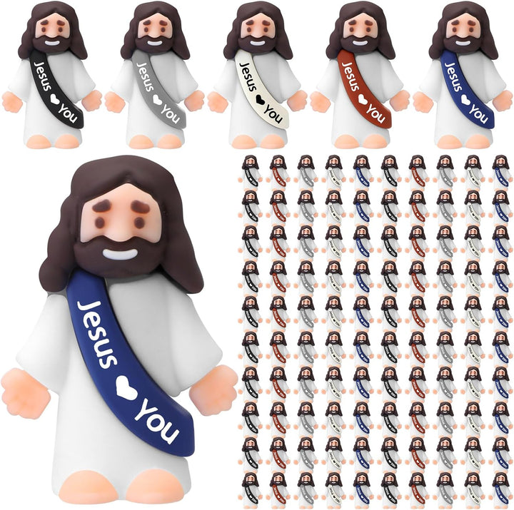 100 Pcs Little Jesus Figures Jesus Loves You Original Design Rubber Pocket Toys Little Figures to Hide and Seek Sunday School Religious Party Share Gifts(Vibrant Color)