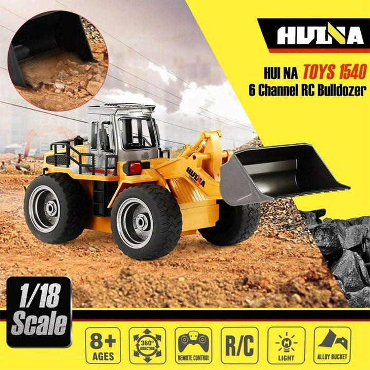 Remote Control Bulldozer Toy Truck, 1/18 Scale RC Metal Rc Front Loader 4WD Construction Vehicles for Boys Girls Kids with Rechargeable Two Battery 6+Year