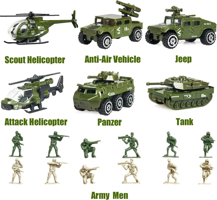 18 Pack Die-Cast Military Vehicles Sets,6 Pack Assorted Alloy Metal Models Car Toys and 12 Pack Soldier Army Men, Mini Army Toy Tank,Panzer,Anti-Air Vehicle,Helicopter Playset for Kids Boys