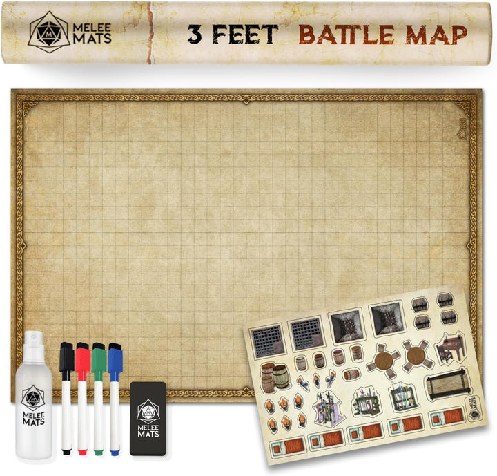 DND Map Starter Kit - 24” X 36", Wet/Dry Erase Battle Terrain Grid - Ultimate Tabletop Gaming Experience with Accessories