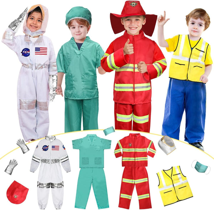 Kids Role Play Dress up Clothes for 3-8 Years Old Play, 4 Sets Astronaut/Doctor/Fireman/Construction Costume for Kids and Toddlers Boys Halloween Costumes