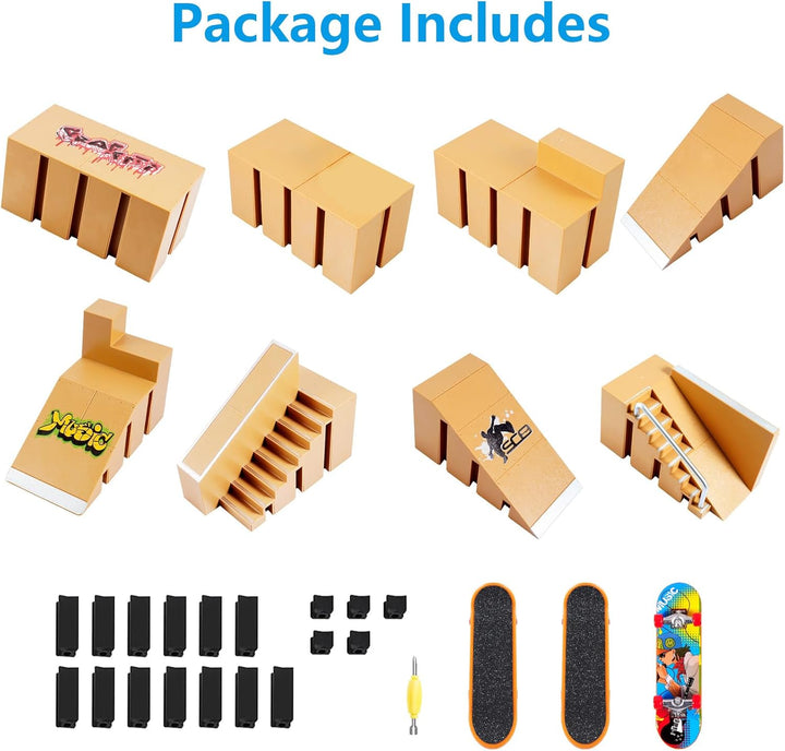 Fingerboard Skate Park Kit,Skateboard Finger Toys with 3 Finger Skateboards & 8 Skatepark Deck Ramp for Boys or Girls Gift, Mini Finger Board Skate Training for Kids Ages 5 and Up