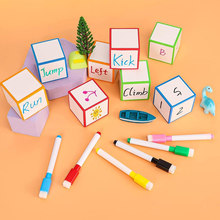 Dry Erase Dice Set of 4-2X2 Inches Multipurpose Colorful Write on Wipe off Dry Erase Blocks Blank Pocket Dice to Draw Letters Numbers and Much More Educational Classroom Supplies for Kids (8+1)
