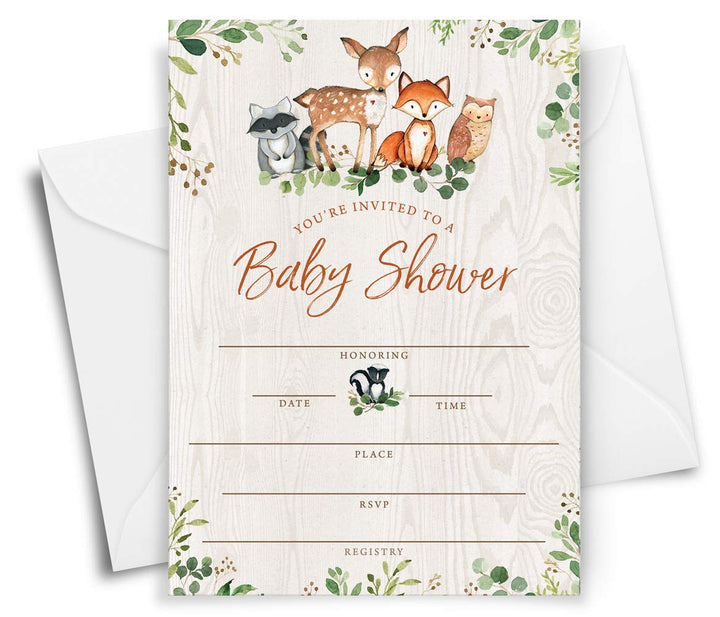 Baby Shower Invitations and Envelopes, Woodland Animals, Set of 25