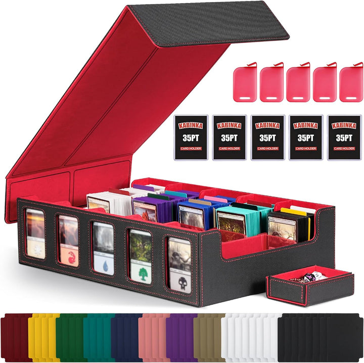 Trading Card Storage Box with Commander Display , 5-Row Deck Case with Removable Lid; 3900+ Card Deck Box for MTG TCG Sports Card, 5 Toploaders, 5 Stoppers, 48 Dividers,1 Dice Tray (Black Purple)