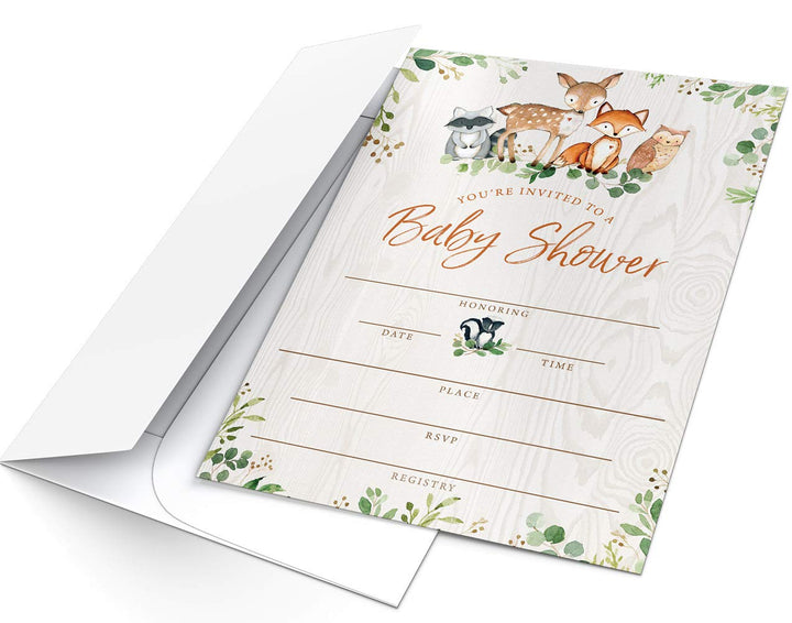 Baby Shower Invitations and Envelopes, Woodland Animals, Set of 25