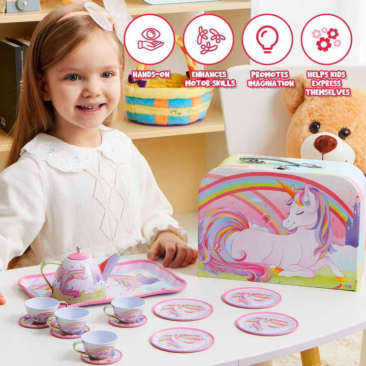 Unicorn Tea Set for Toddlers Tea Party Set for Children Kids Pretend Role Play Tin Teapot Set with Cups, Plates and Carrying Case Kitchen Toy for Little Girls Birthday Gifts Age 3 4 5 6