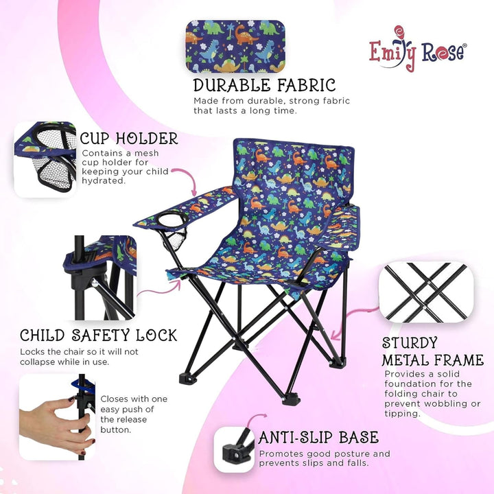Kids Folding Beach Camping Chair Chair with Safety Lock, Cup Holder & Carry Case - Boys Girls Small Toddler Tailgate, Travel, Lawn Chair for Indoor & Outdoor (Playful Dinosaurs)