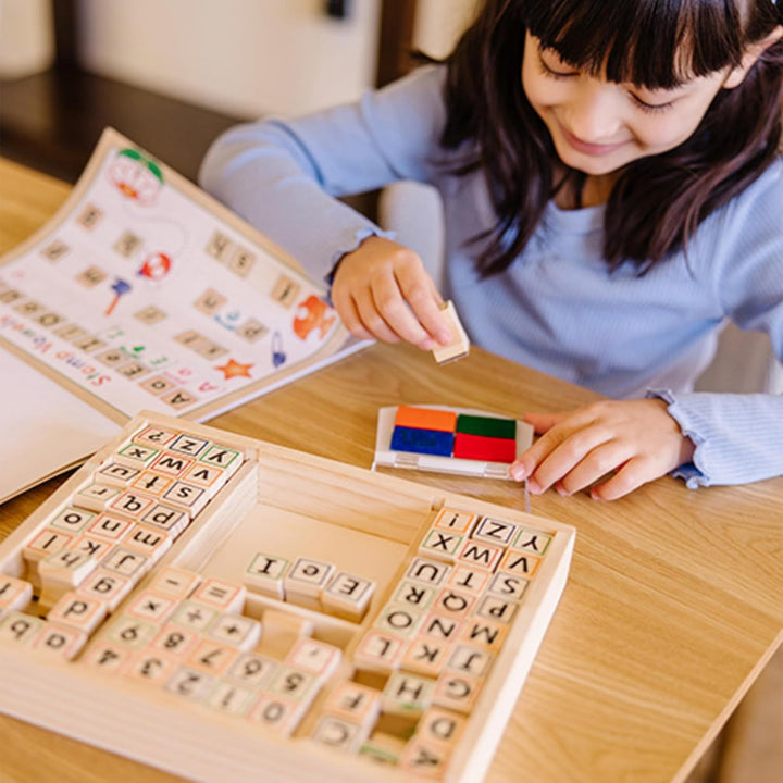 Deluxe Letters and Numbers Wooden Stamp Set Abcs 123S with Activity Book, 4-Color Stamp Pad - FSC Certified