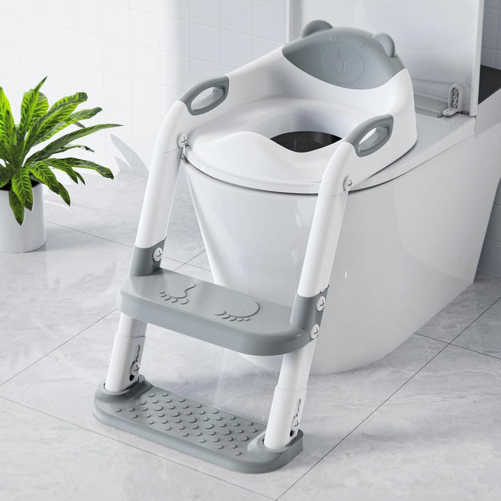 Potty Training Seat with Step Stool Ladder,  Potty Training Toilet for Kids Boys Girls Toddlers - Comfortable Safe Potty Seat with Anti-Slip Pads Ladder Grey