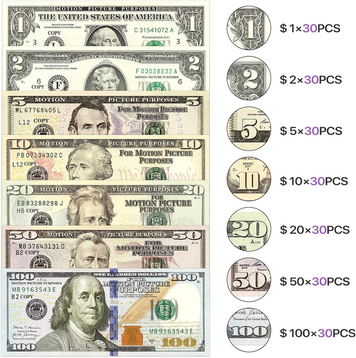 210 Pcs Fake Money Prop Money Play Money - Realistic Dollar Bills for Movie Filming, Kids Games, Party Fun, and Magic Tricks