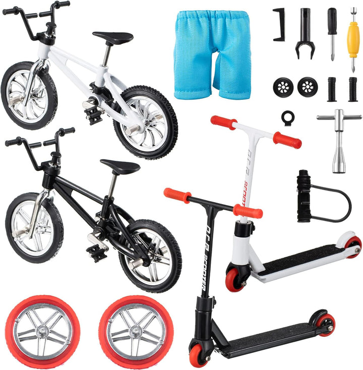 18 Pieces Finger Toy Set Including Alloy Finger Bikes, Finger Scooter, Finger Pants, Replacement Wheels, Bike Lock and Mini Tools Movement Party Favors(Black, White, Blue)