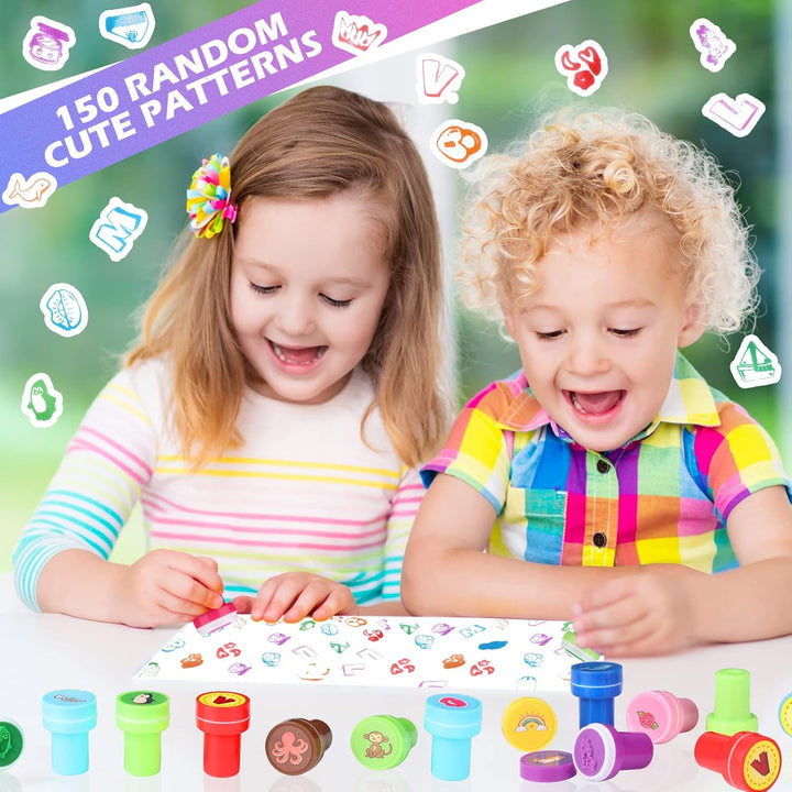 150 Pcs Assorted Stampers for Kids Cute Mini Self Inking Stamps Kids Printing Supplies Birthday Party Favors for Crafts Classroom Prize, Animals, Fruits, Food, Human Tasks