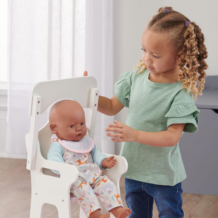 Wooden Baby Doll High Chair - Fits 18" Dolls - Includes Tray, Bib & Free Personalization Kit - Best for Toddler Girls for Pretend Play - White with Pink Gingham Seat