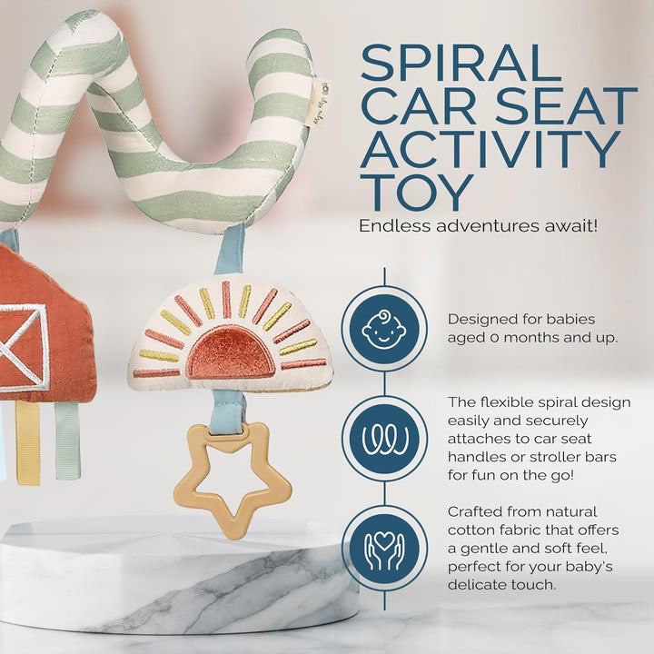 Spiral Car Seat & Stroller Activity Toy - Stroller & Car Seat Toys for Ages 0 Months and up - Hanging Toys Include Dangling Ring, Mirror and Textured Ribbons (Farm)