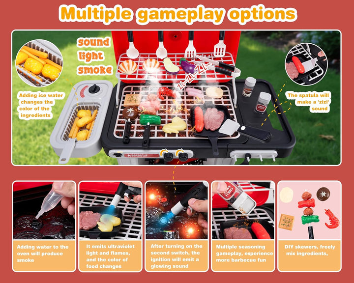 Kids BBQ Grill Kitchen Playset with Sound & Smoke, Play Toy Grill Set for Kids，Play Food Toys Cooking Set，Toy Gift for Toddler Age 3-5