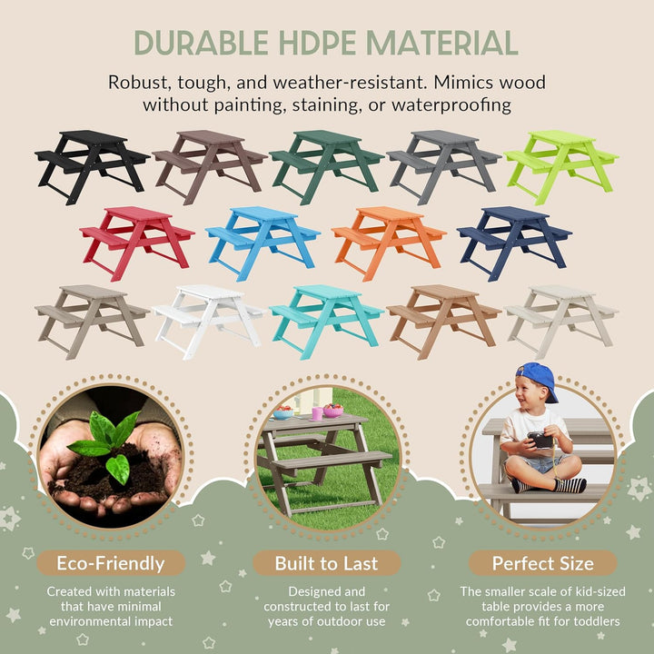 Malibu Outdoor Patio Kids HDPE Plastic Picnic Bench Table, Weathered Wood
