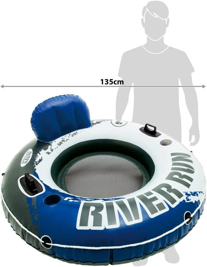 58825EP River Run 1 Inflatable Floating Lounge: Comfortable Backrest – Built-In Cup Holders – Durable Grab Handles – All around Grab Rope – 220Lb Weight Capacity– Blue