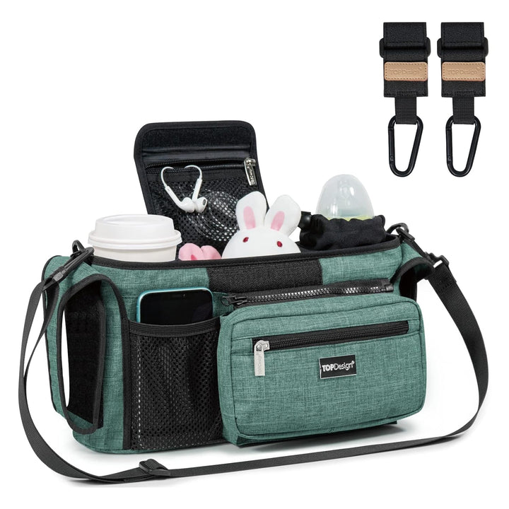 Universal Baby Stroller Organizer, Stroller Caddy with Detachable Mesh Bag & Heightened Insulated Cup Holders & Non-Slip Secure Hooks Accessories, Fits Most Strollers (Checkerboard)