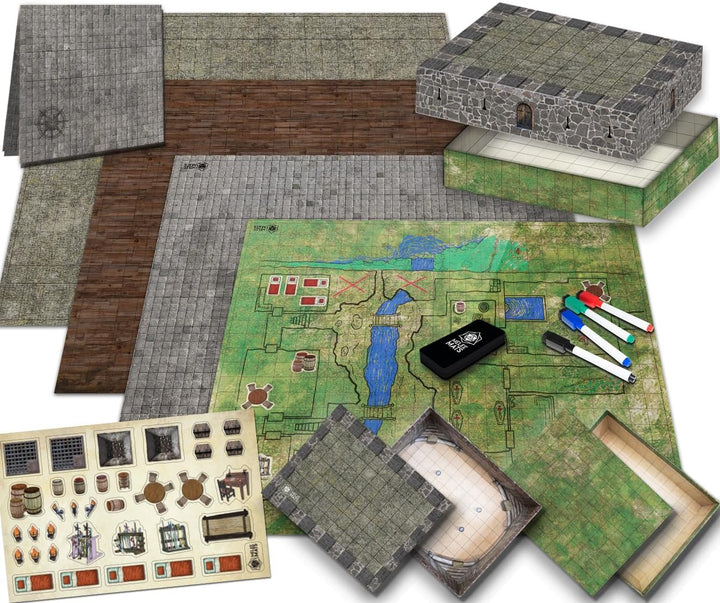 DND Map Starter Kit - 22” X 26" Double Sided, Wet/Dry Erase Battle Terrain Grid - Ultimate Tabletop Board Gaming Experience with Accessories