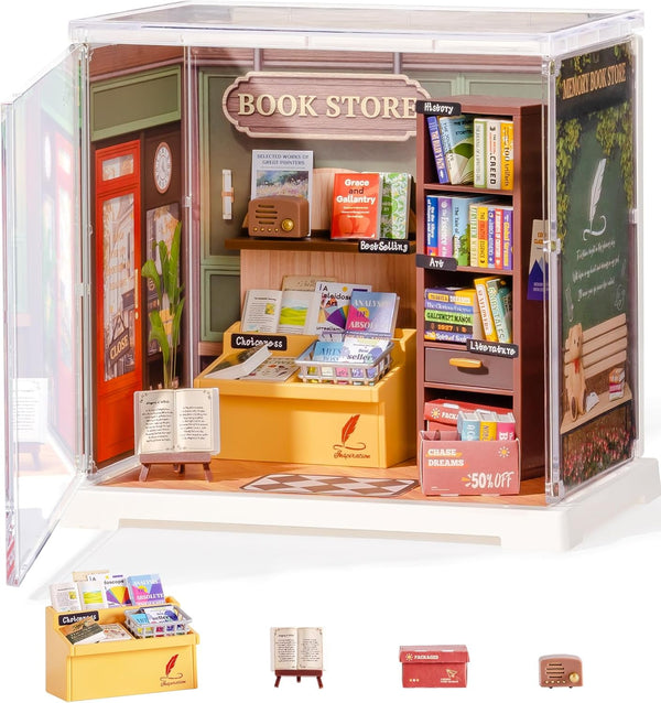 Mini Super Creator Series, DIY Miniature Memory Book Store Dollhouse House Kit, Bulid Scenary for Action Collectible Figures,Creative Gifts for Women Kid Adults