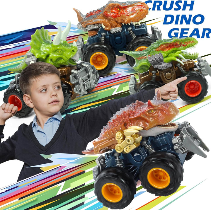 T-Rex Dinosaur Toy Cars for Kids 3-8, Friction Powered Monster Truck with Mechanical Motor, Push N Go Car Stunt Play Party 209-R3