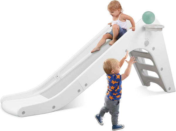 Freestanding Kids Slide, Toddler Slide Climber with Basketball Hoop & Ball, Baby Playset W/Long Slope, for Boys and Girls Birthday, Sturdy Playground Toy for Indoor Outdoor (Grey White)