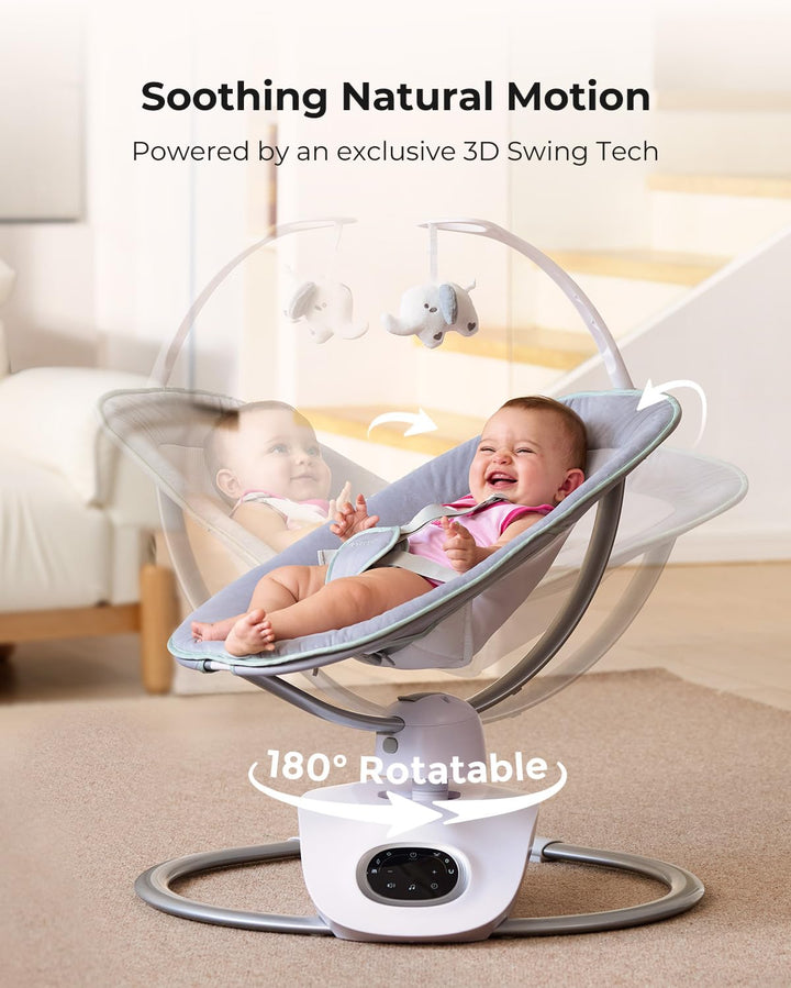 Cocosway 3D-Motion Baby Swing for Infants to Toddlers, 6 Motion Modes & 4 Speeds, 180° Rotating Seat, Remote Control, Reclining Seat with 5-Point Harness, 8 Preset Lullabies, Grey