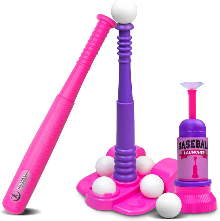 T Ball Stand for Kids and Toddlers 1-3, 3-5, 5-8. Baseball Set with 6 Large Balls, Adjustable Tball Batting Tee, and Pitching Machine. T-Ball Sets with Bat and Ball