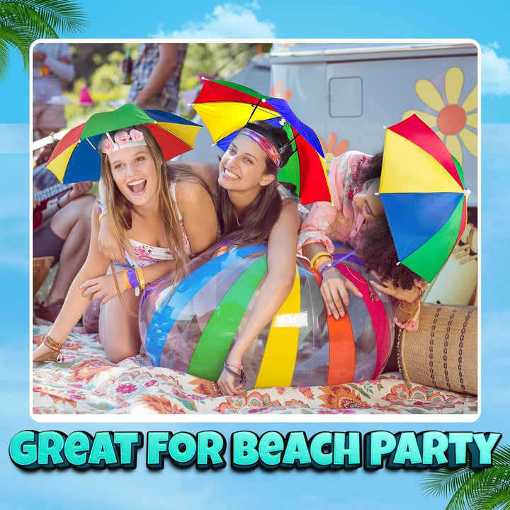 Umbrella Hat Pack of 2 - Colorful Party Hats - 20 Inch, Hands Free, Funny Rainbow Colorful Beach Party Hats, Adjustable Size Fits All Ages, Kids, Men & Women
