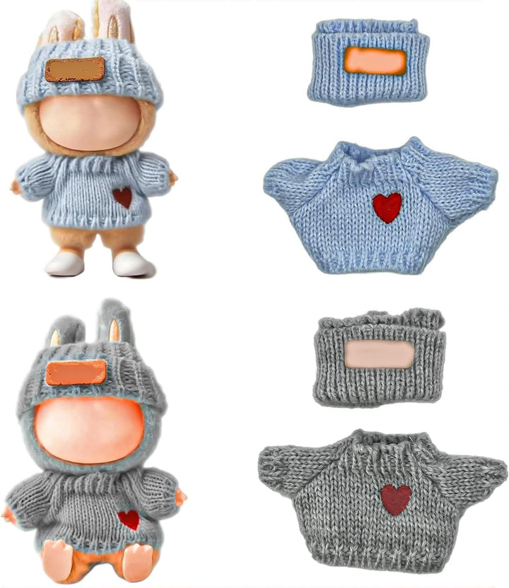Doll Clothes Compatible with Labubu 2 Set Outfits(4 Pieces), Adorable 17Cm/15Cm Handcrafted Crochet Doll Clothes Ropa Designer Accessories for La Bubu,Hat & Sweaters (Blue &Gray)