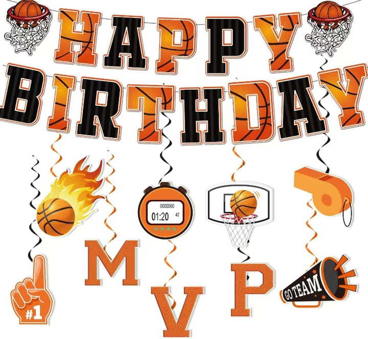 Pre-Strung Happy Birthday Decorations for Boys Men Women, Orange Blue Birthday Banner with Honeycomb Balls, Stars Hanging Swirl Streamers, Circle Dots Garland